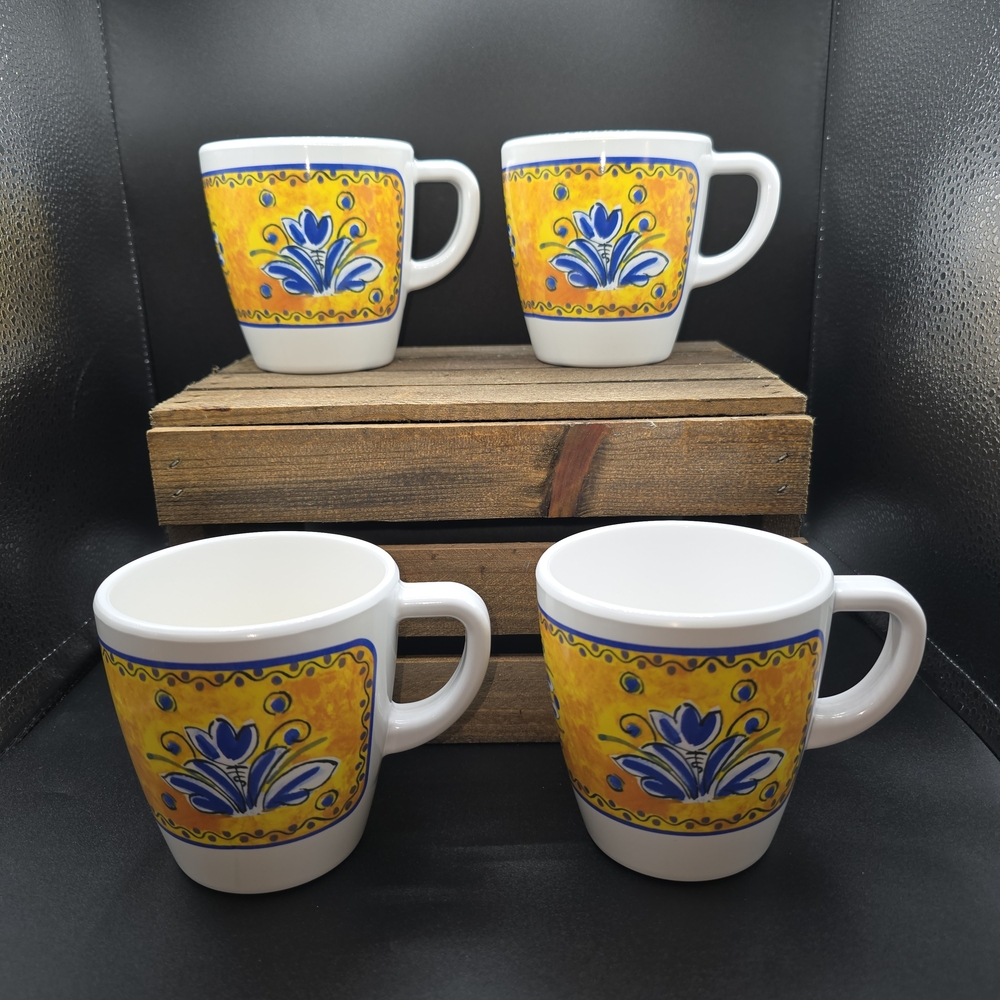 Le Cadeaux Benidorm Melamine Coffee Mugs Set of 4 Yellow Blue Tile Pattern